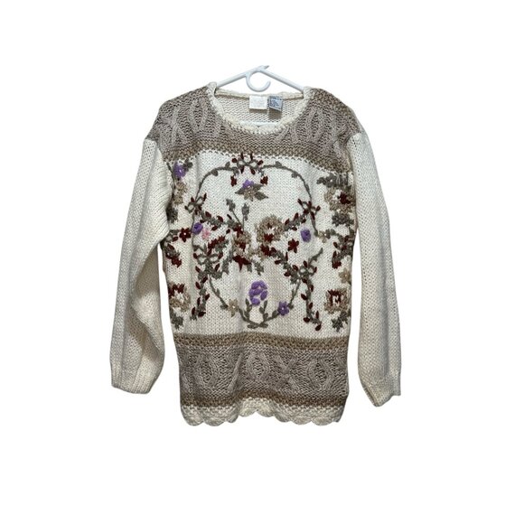 Vintage Needles & Yarn Knit Floral Embroidered Sweater Small Cottagecore Prairie - Picture 1 of 15